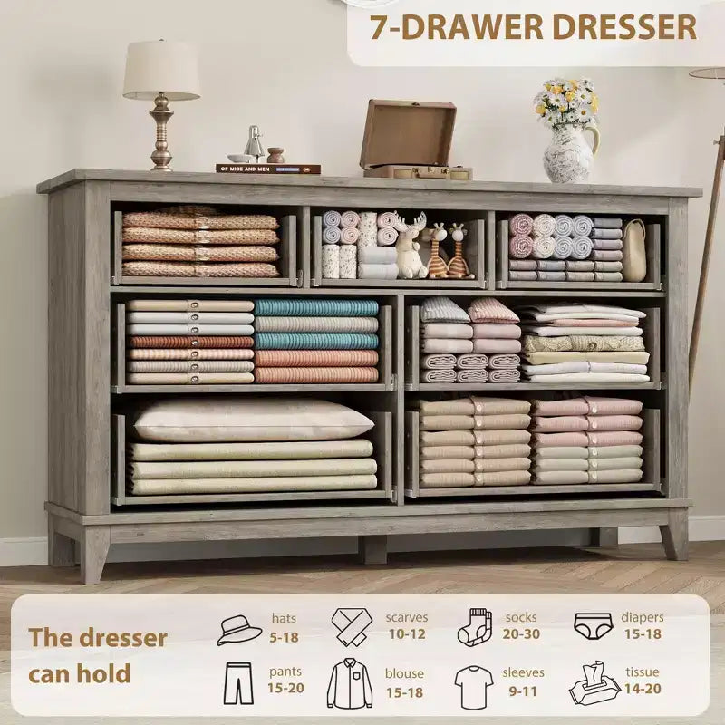 Commode 7 tiroirs pour chambre à coucher, 137 cm de large, avec rangement, commode autonome en bois