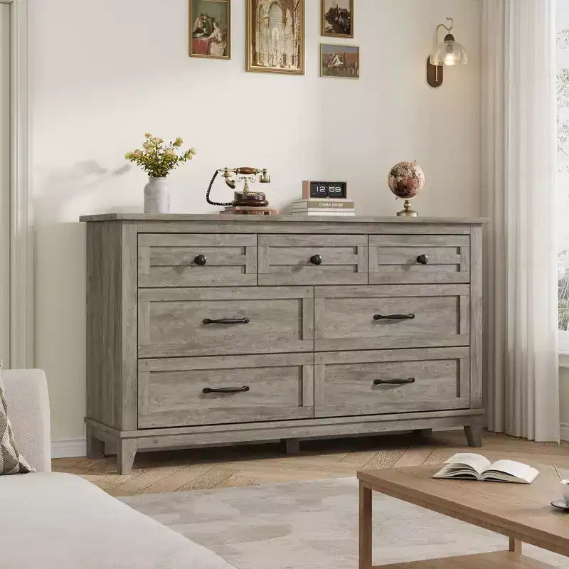 Commode 7 tiroirs pour chambre à coucher, 137 cm de large, avec rangement, commode autonome en bois