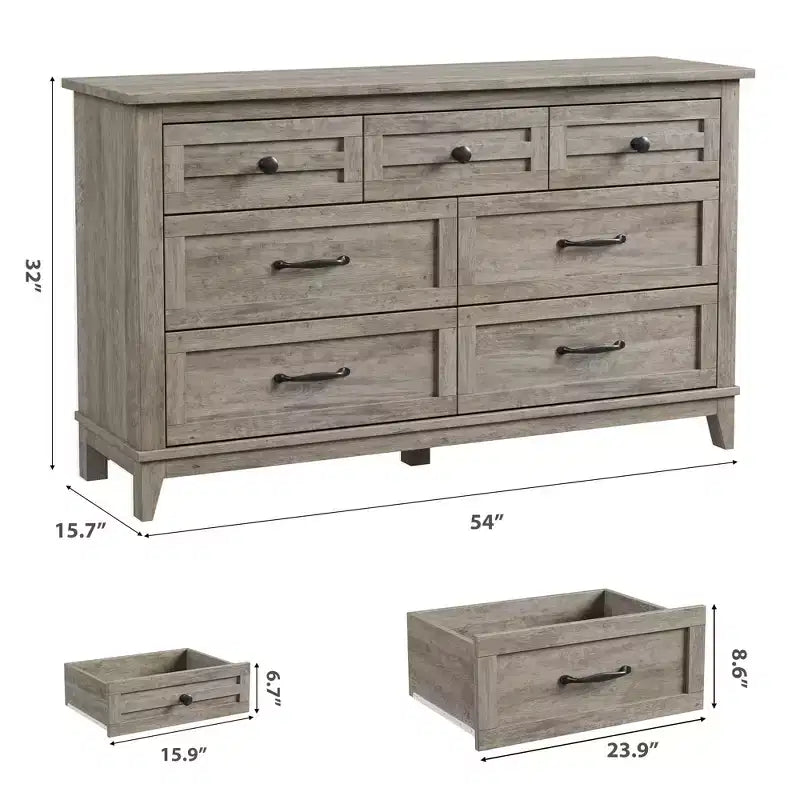 Commode 7 tiroirs pour chambre à coucher, 137 cm de large, avec rangement, commode autonome en bois