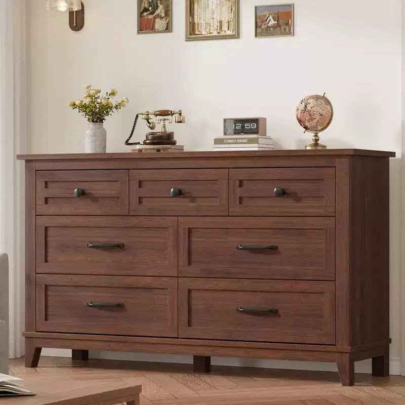 Commode 7 tiroirs pour chambre à coucher, 137 cm de large, avec rangement, commode autonome en bois