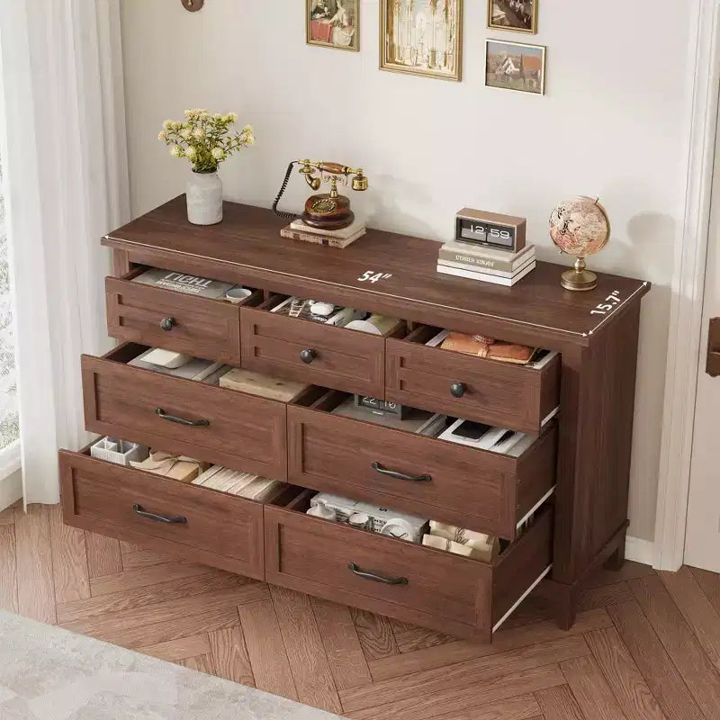 Commode 7 tiroirs pour chambre à coucher, 137 cm de large, avec rangement, commode autonome en bois