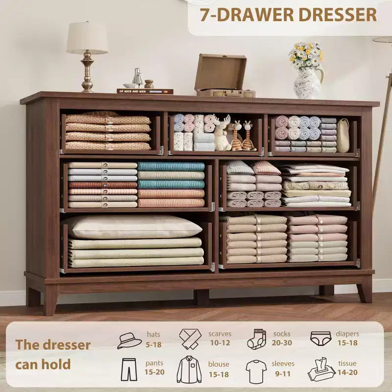 Commode 7 tiroirs pour chambre à coucher, 137 cm de large, avec rangement, commode autonome en bois