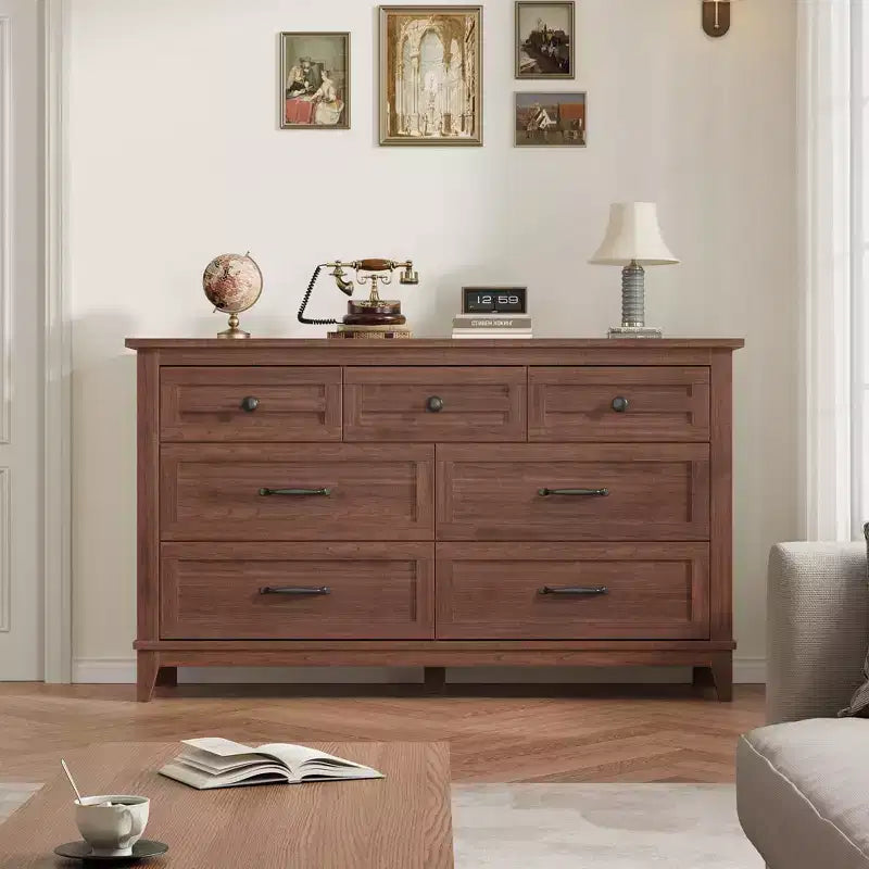 Commode 7 tiroirs pour chambre à coucher, 137 cm de large, avec rangement, commode autonome en bois