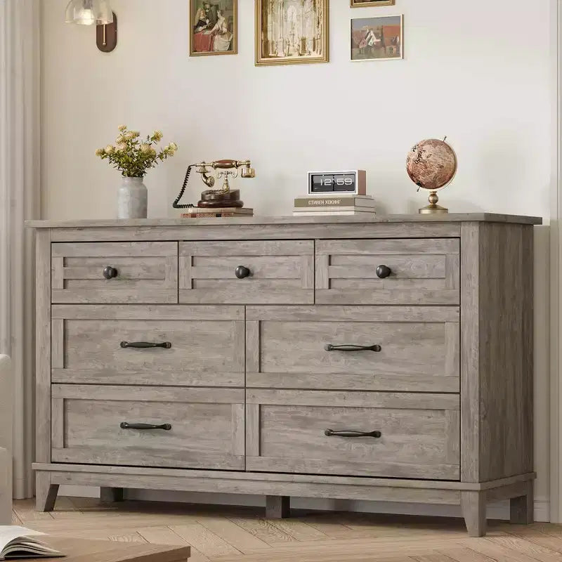 Commode 7 tiroirs pour chambre à coucher, 137 cm de large, avec rangement, commode autonome en bois