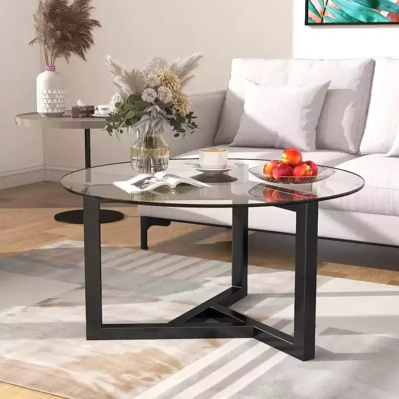 Modern Cocktail Table Round Glass Coffee Table Base & Tempered Glass Top for Living Room