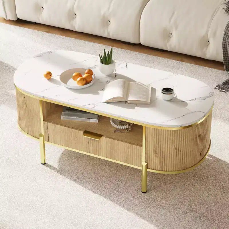 Table Basse Motif Onde RondeTable Basse avec Tiroir pour Salon Pieds en Métal Doré