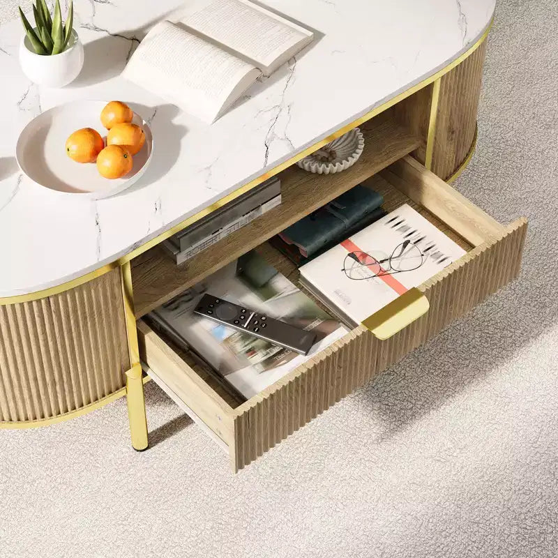 Table Basse Motif Onde RondeTable Basse avec Tiroir pour Salon Pieds en Métal Doré