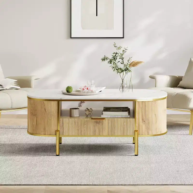 Table Basse Motif Onde RondeTable Basse avec Tiroir pour Salon Pieds en Métal Doré