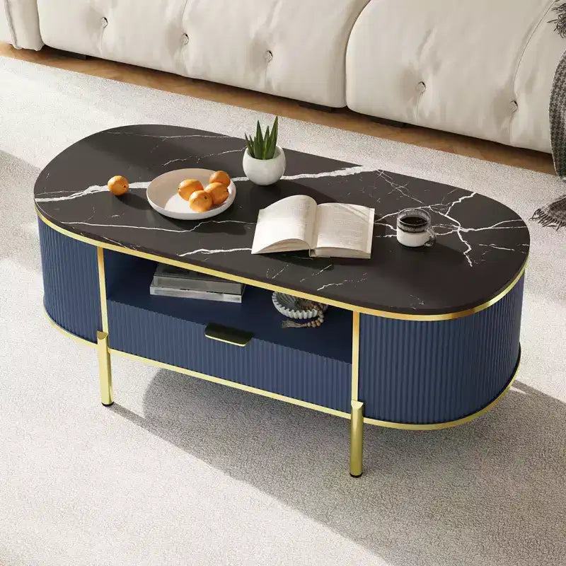 Table Basse Motif Onde RondeTable Basse avec Tiroir pour Salon Pieds en Métal Doré