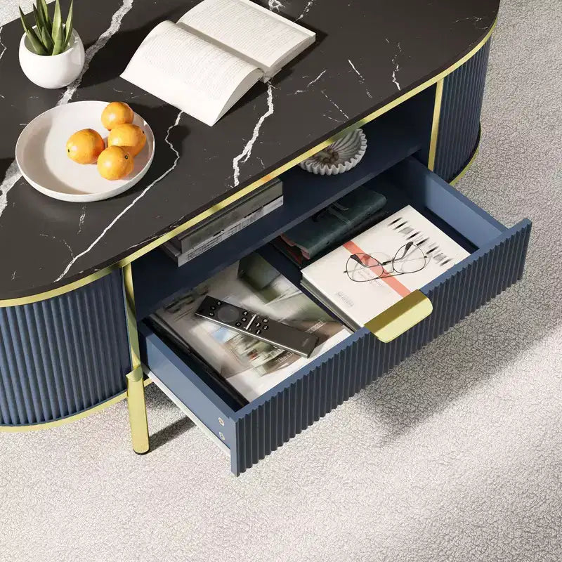 Table Basse Motif Onde RondeTable Basse avec Tiroir pour Salon Pieds en Métal Doré