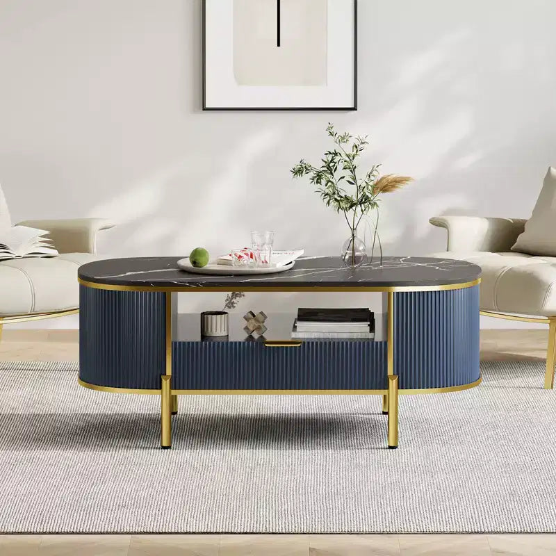 Table Basse Motif Onde RondeTable Basse avec Tiroir pour Salon Pieds en Métal Doré