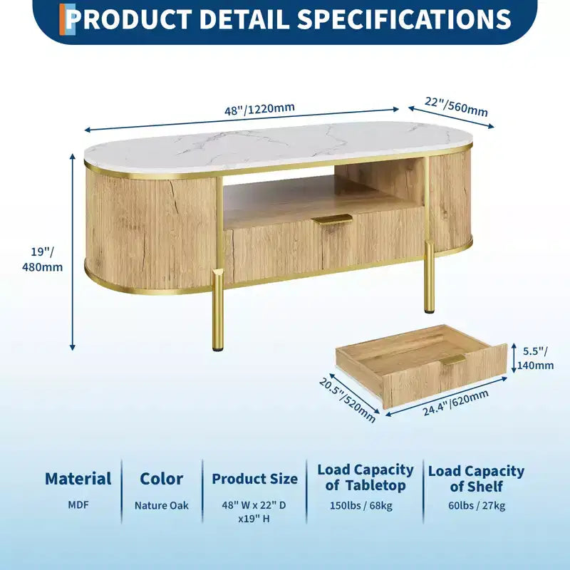 Table Basse Motif Onde RondeTable Basse avec Tiroir pour Salon Pieds en Métal Doré