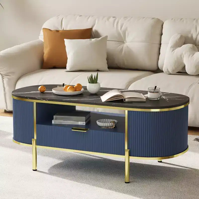 Round Wave Pattern Coffee TableCoffee Table with Drawer for Living Room Gold Metal Legs