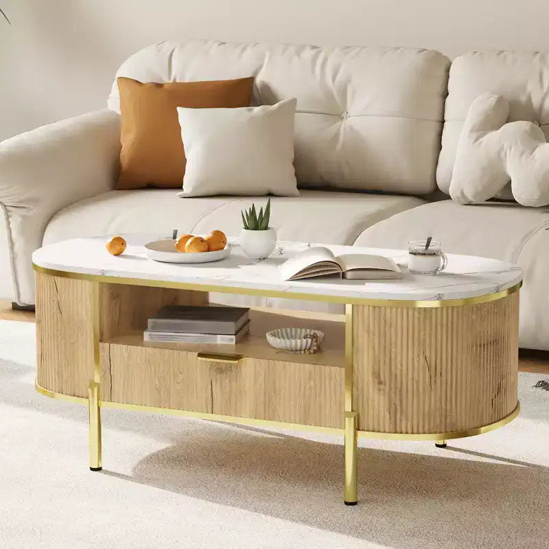 Table Basse Motif Onde RondeTable Basse avec Tiroir pour Salon Pieds en Métal Doré
