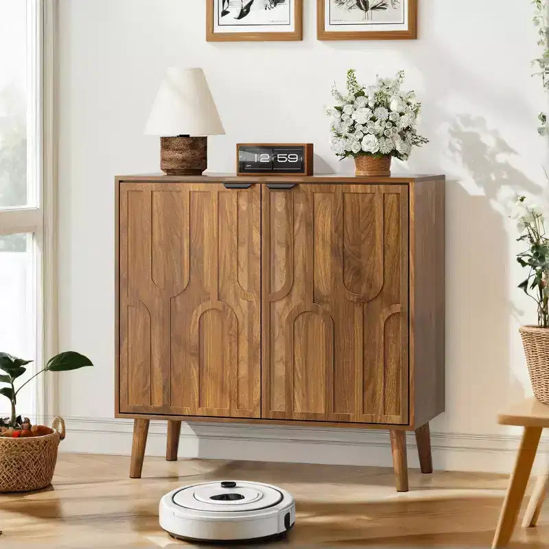 JVNOXK Sideboard Buffet Cabinet with Storage Farmhouse Buffet Cabinet With Paper Clip Design Wood Coffee Bar Storage Cabinet for Kitchen Walnut