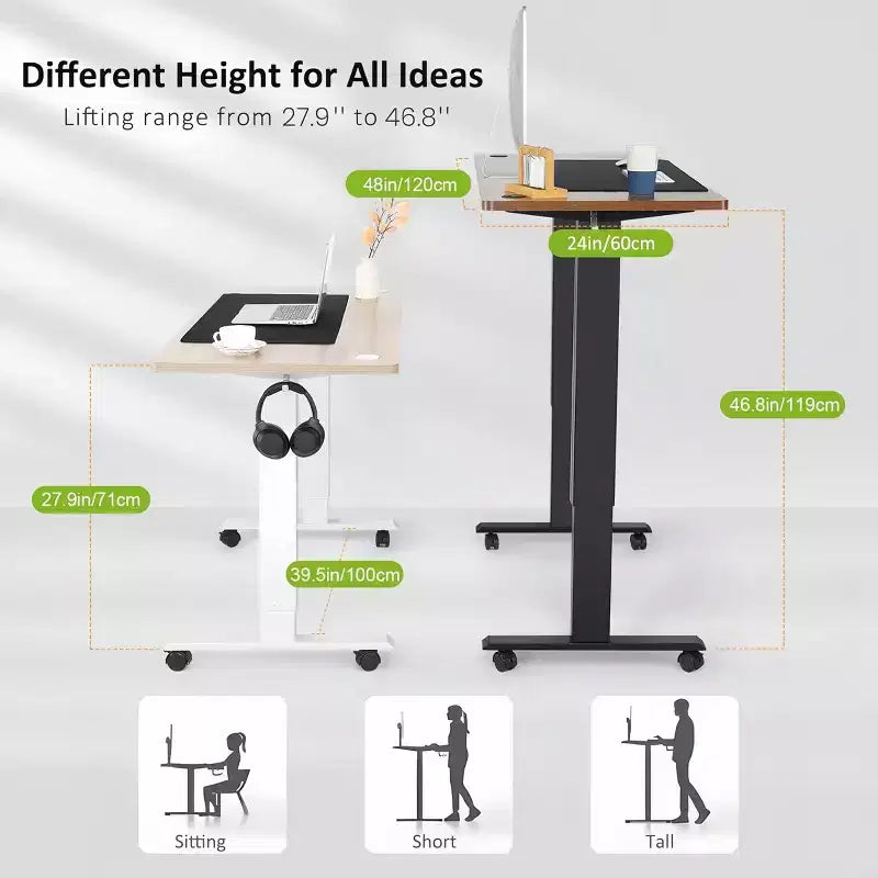 Bureau d'ordinateur mobile debout 48 24 ergonomique avec 4 hauteurs prédéfinies (Roues de 2,5 po de haut en sus)