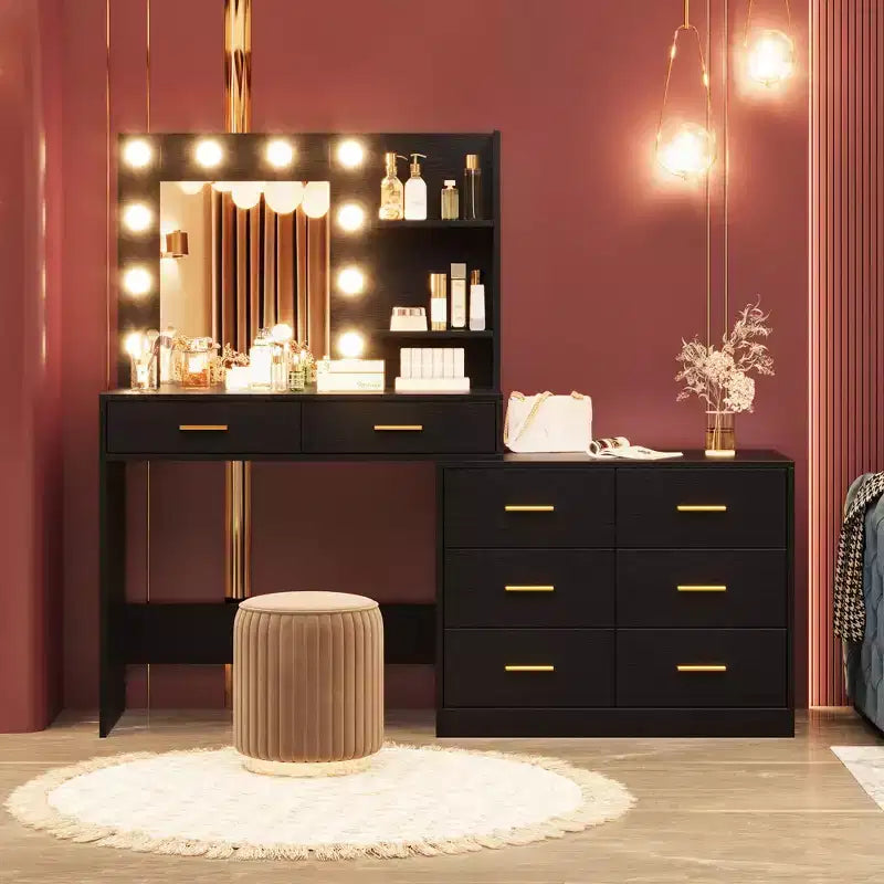 61-inch vanity with mirror and light featuring 8 storage drawers and 2 shelves 3 lighting modes and adjustable brightness. Bedroom vanity.