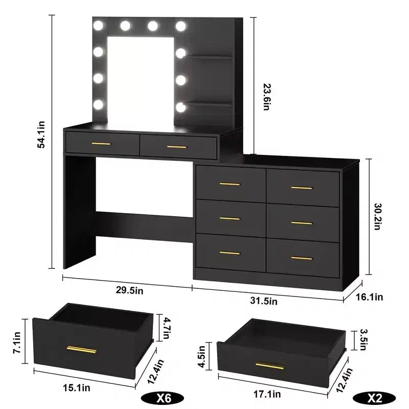 Coiffeuse de 155 cm avec miroir et lumière, 8 tiroirs de rangement et 2 étagères, 3 modes d'éclairage et luminosité réglable. Coiffeuse de chambre.