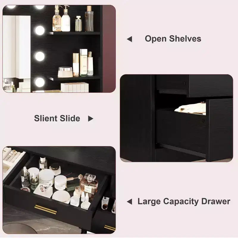 Coiffeuse de 155 cm avec miroir et lumière, 8 tiroirs de rangement et 2 étagères, 3 modes d'éclairage et luminosité réglable. Coiffeuse de chambre.