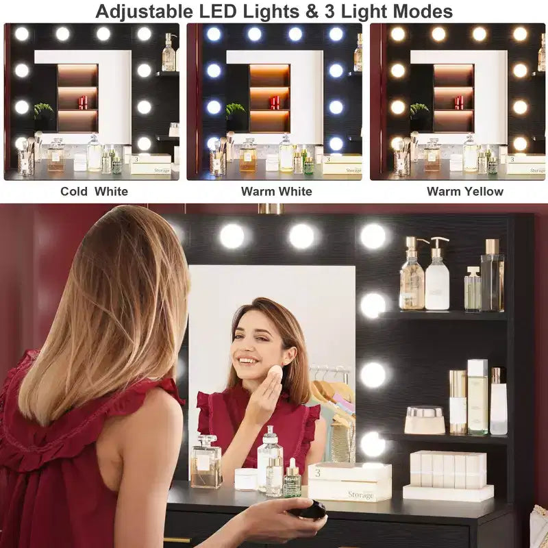 Coiffeuse de 155 cm avec miroir et lumière, 8 tiroirs de rangement et 2 étagères, 3 modes d'éclairage et luminosité réglable. Coiffeuse de chambre.