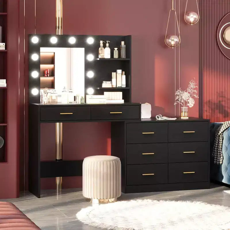 Coiffeuse de 155 cm avec miroir et lumière, 8 tiroirs de rangement et 2 étagères, 3 modes d'éclairage et luminosité réglable. Coiffeuse de chambre.