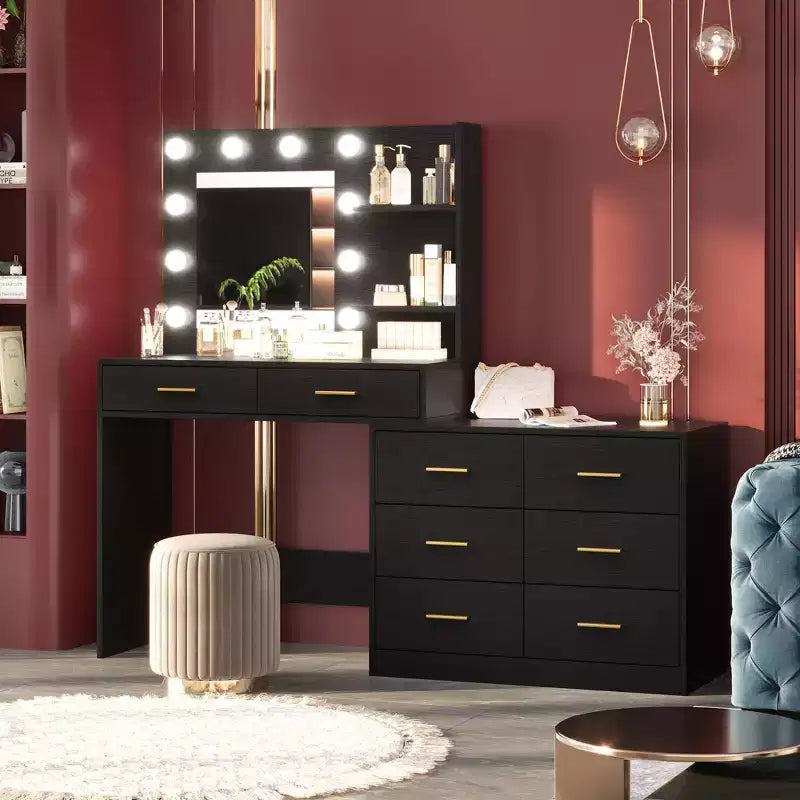 Coiffeuse de 155 cm avec miroir et lumière, 8 tiroirs de rangement et 2 étagères, 3 modes d'éclairage et luminosité réglable. Coiffeuse de chambre.