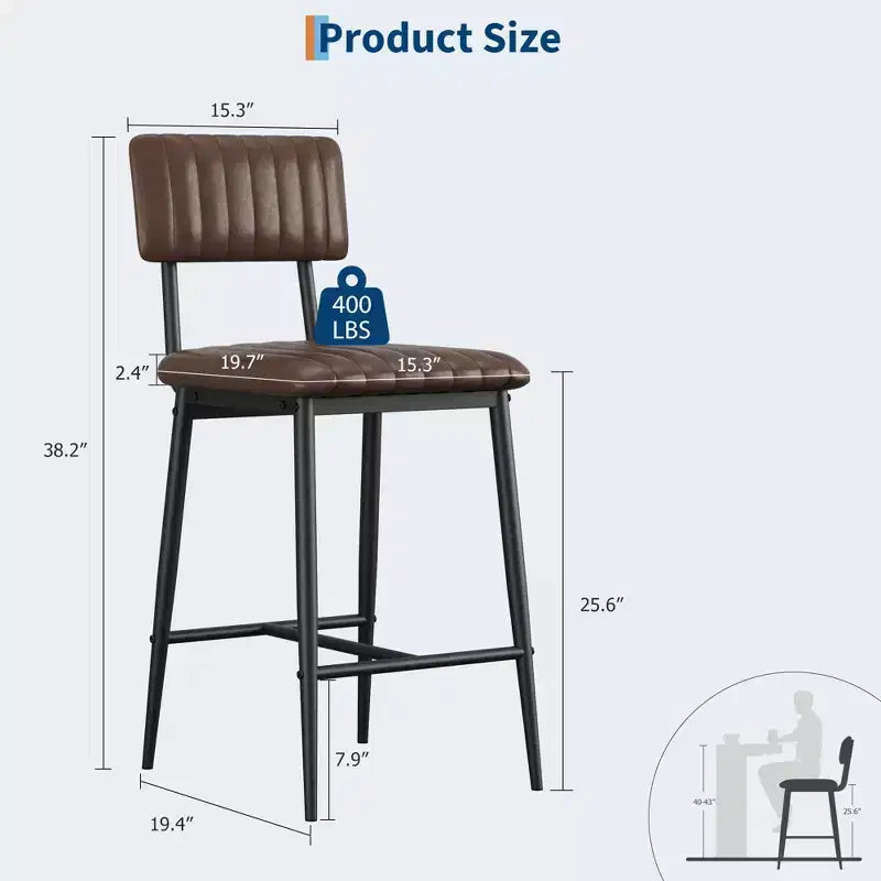 Lot de 2 tabourets de bar à hauteur de comptoir, tabourets de cuisine rembourrés avec dossier et repose-pieds, tabourets de bar en similicuir pour îlot de cuisine