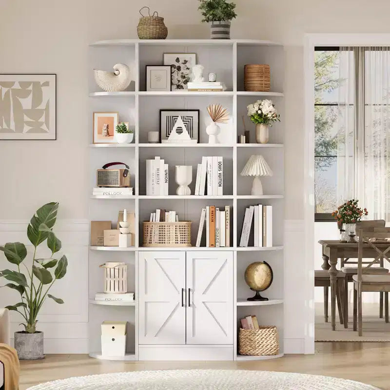 Bibliothèque à 6 niveaux avec armoire de rangement et étagères ouvertes, 190 cm de haut, style ferme moderne, 120 cm de large, étagère de présentation.