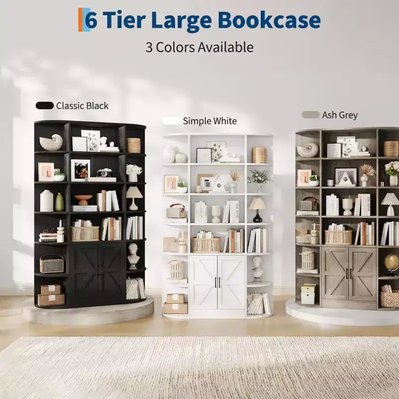 Bibliothèque à 6 niveaux avec armoire de rangement et étagères ouvertes, 190 cm de haut, style ferme moderne, 120 cm de large, étagère de présentation.