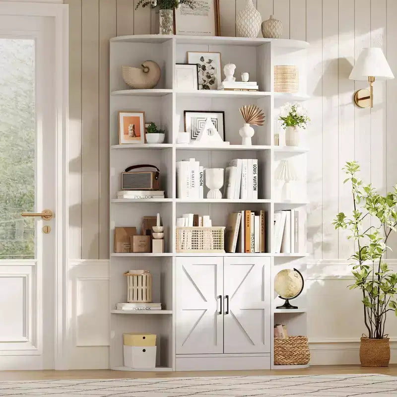 Bibliothèque à 6 niveaux avec armoire de rangement et étagères ouvertes, 190 cm de haut, style ferme moderne, 120 cm de large, étagère de présentation.