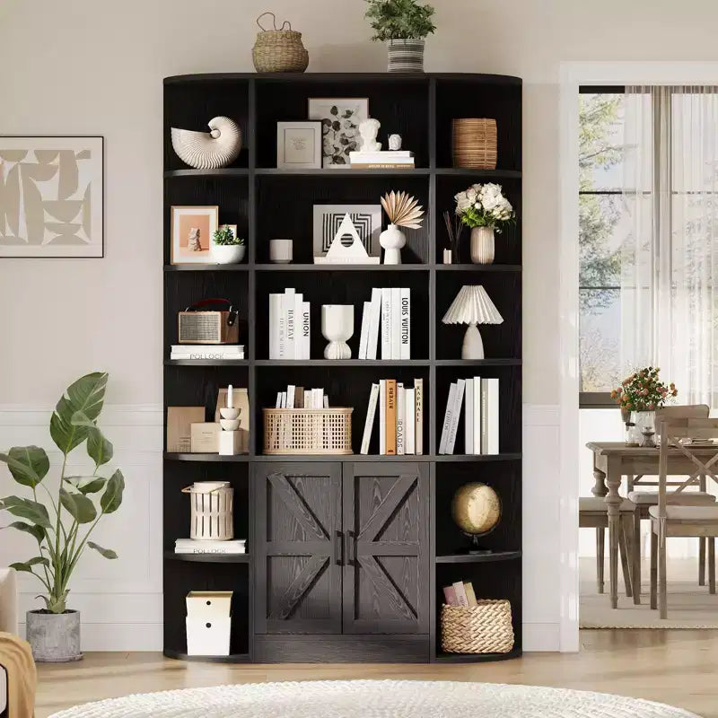 Bibliothèque à 6 niveaux avec armoire de rangement et étagères ouvertes, 190 cm de haut, style ferme moderne, 120 cm de large, étagère de présentation.