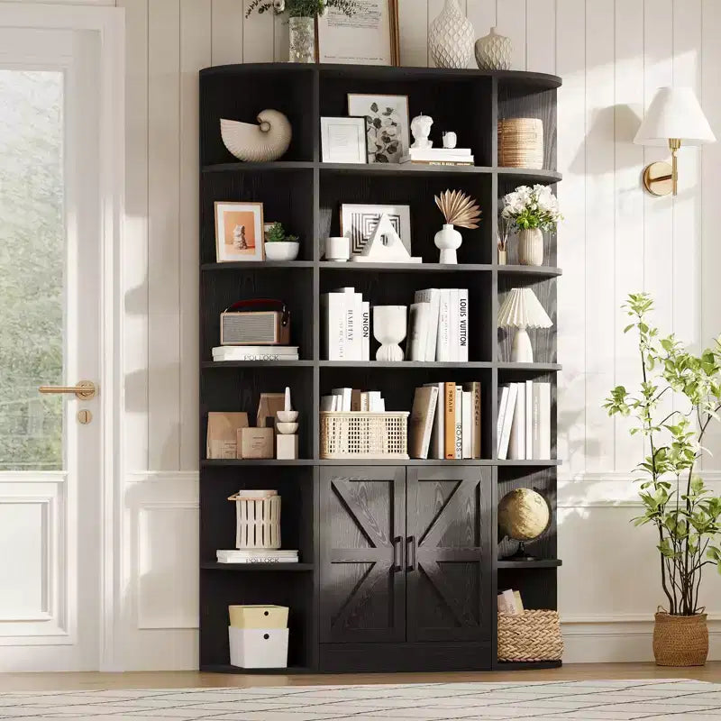 Bibliothèque à 6 niveaux avec armoire de rangement et étagères ouvertes, 190 cm de haut, style ferme moderne, 120 cm de large, étagère de présentation.