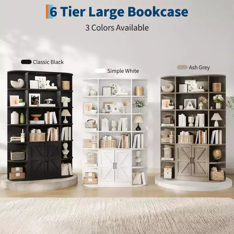 Bibliothèque à 6 niveaux avec armoire de rangement et étagères ouvertes, 190 cm de haut, style ferme moderne, 120 cm de large, étagère de présentation.