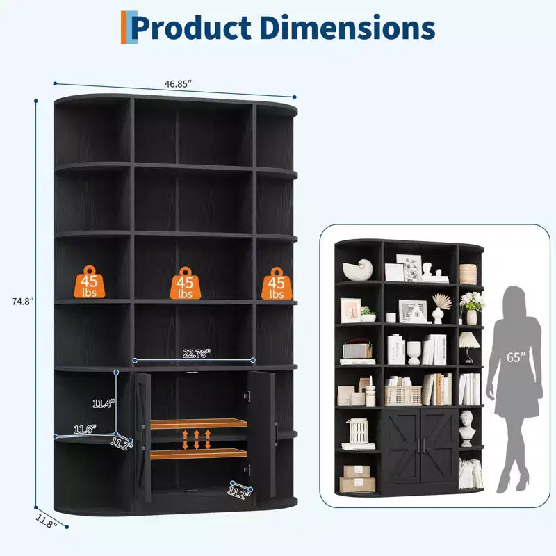 Bibliothèque à 6 niveaux avec armoire de rangement et étagères ouvertes, 190 cm de haut, style ferme moderne, 120 cm de large, étagère de présentation.
