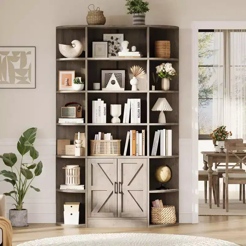 Bibliothèque à 6 niveaux avec armoire de rangement et étagères ouvertes, 190 cm de haut, style ferme moderne, 120 cm de large, étagère de présentation.