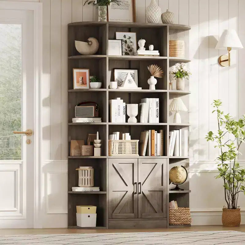 Bibliothèque à 6 niveaux avec armoire de rangement et étagères ouvertes, 190 cm de haut, style ferme moderne, 120 cm de large, étagère de présentation.