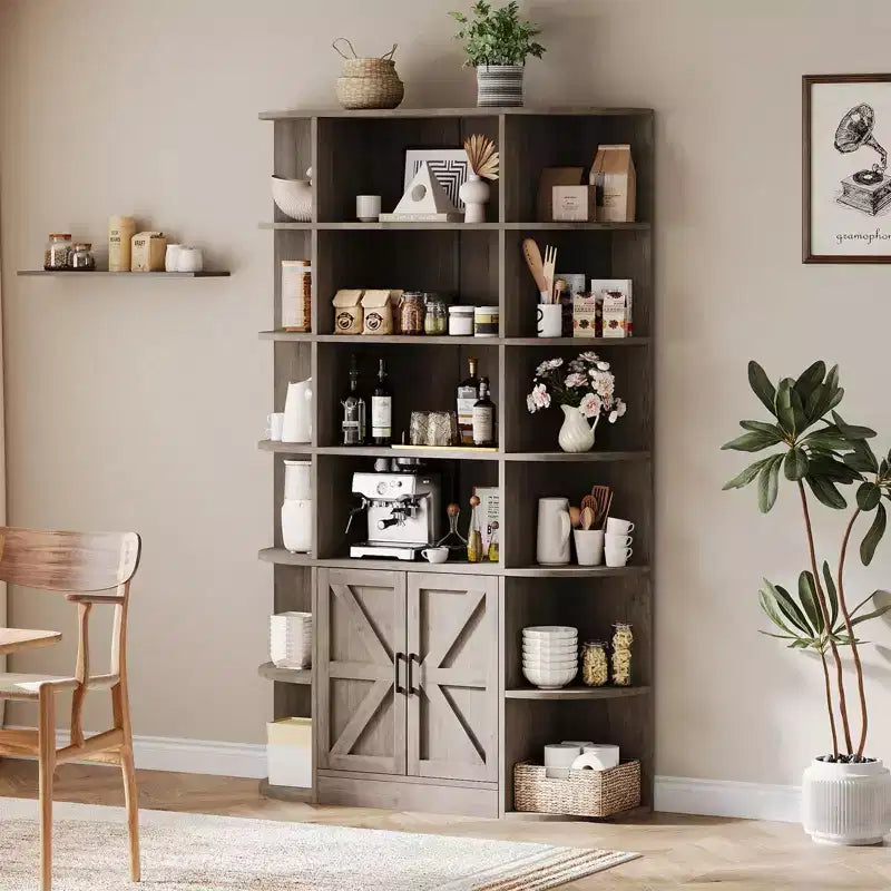 Bibliothèque à 6 niveaux avec armoire de rangement et étagères ouvertes, 190 cm de haut, style ferme moderne, 120 cm de large, étagère de présentation.