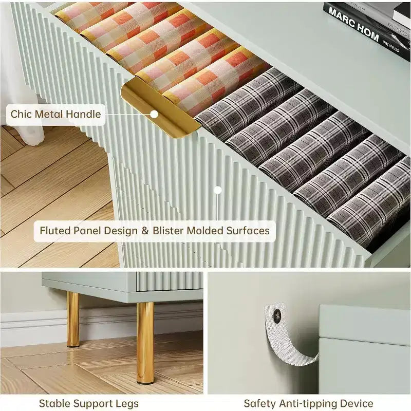 Commode à six tiroirs, meuble de rangement moderne en bois avec poignées en métal doré et mécanisme anti-basculement, convient aux chambres et aux salons.