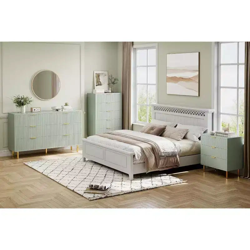 Commode à six tiroirs, meuble de rangement moderne en bois avec poignées en métal doré et mécanisme anti-basculement, convient aux chambres et aux salons.