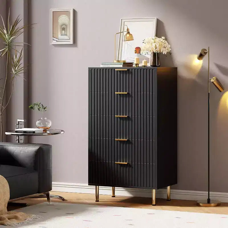 Modern grooved five-drawer tall bedroom wardrobe 48-inch high drawer cabinet deep storage with wide top suitable for living room hallway black
