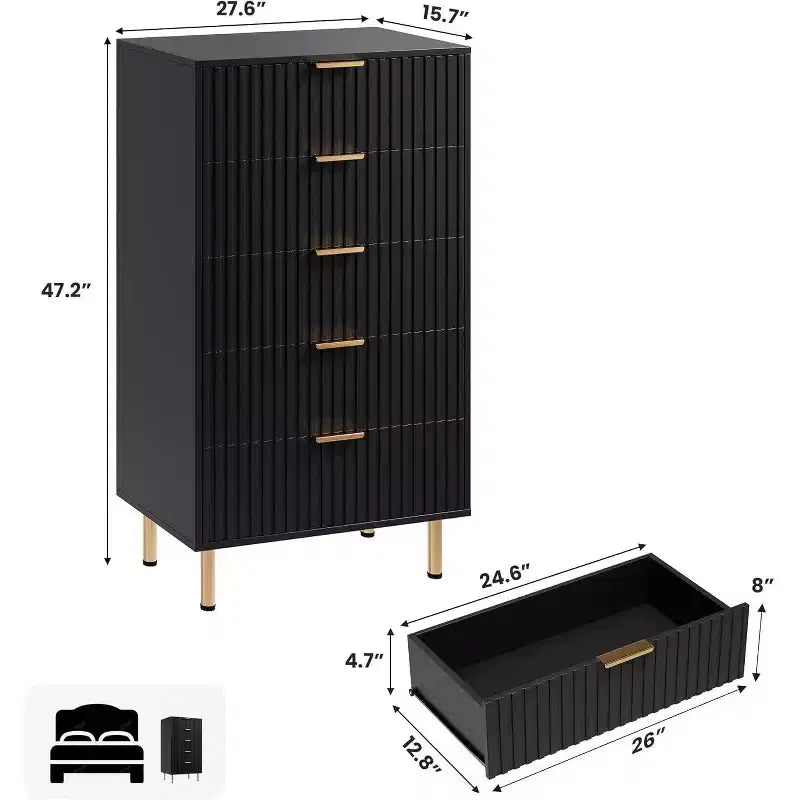 Armoire de chambre haute moderne à cinq tiroirs rainurés, meuble de rangement profond de 122 cm de haut avec large plateau, adaptée pour le salon ou le couloir, noir
