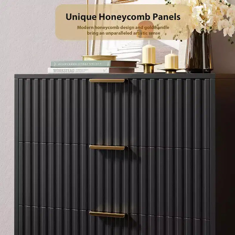 Armoire de chambre haute moderne à cinq tiroirs rainurés, meuble de rangement profond de 122 cm de haut avec large plateau, adaptée pour le salon ou le couloir, noir