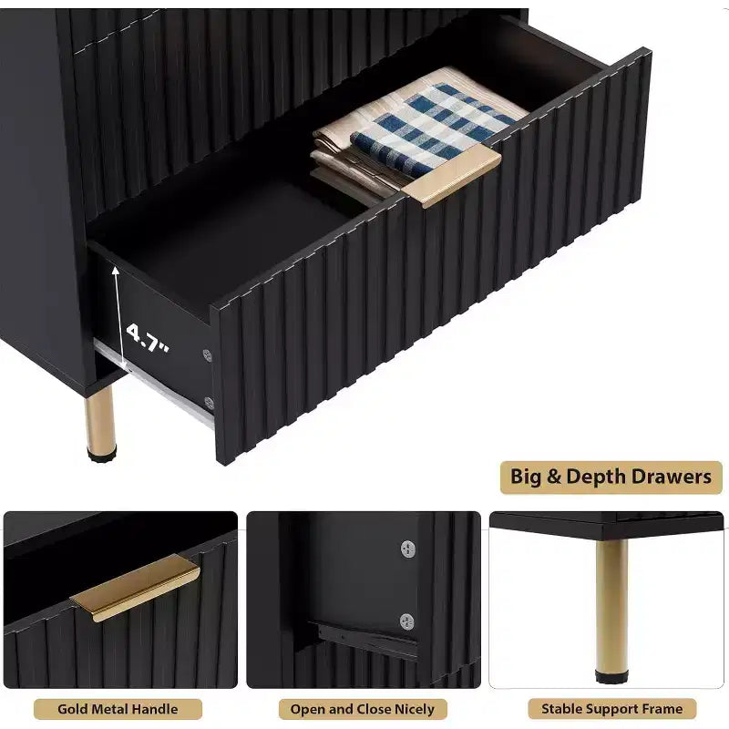 Armoire de chambre haute moderne à cinq tiroirs rainurés, meuble de rangement profond de 122 cm de haut avec large plateau, adaptée pour le salon ou le couloir, noir