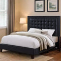 Lit plateforme Queen moderne, capitonnage profond, simili cuir noir