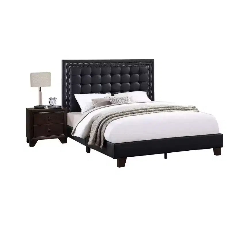 Lit plateforme Queen moderne, capitonnage profond, simili cuir noir