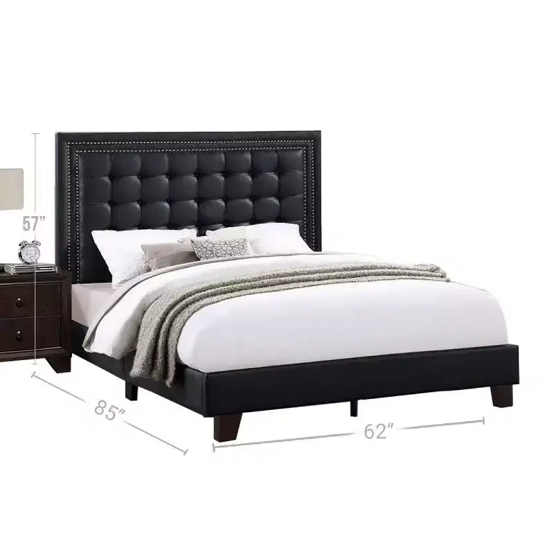 Lit plateforme Queen moderne, capitonnage profond, simili cuir noir