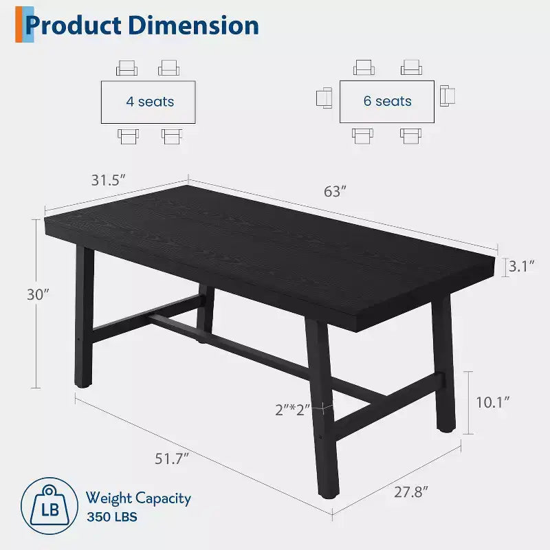 Table à manger de 63 pouces pour 4 à 6 personnes Table de cuisine rectangulaire imitation bois avec cadre métallique