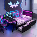 Twin/Full Gaming Bed with Desk and LED Headboard Metal Game Bed with Storage Drawers for Kids and Adults Black