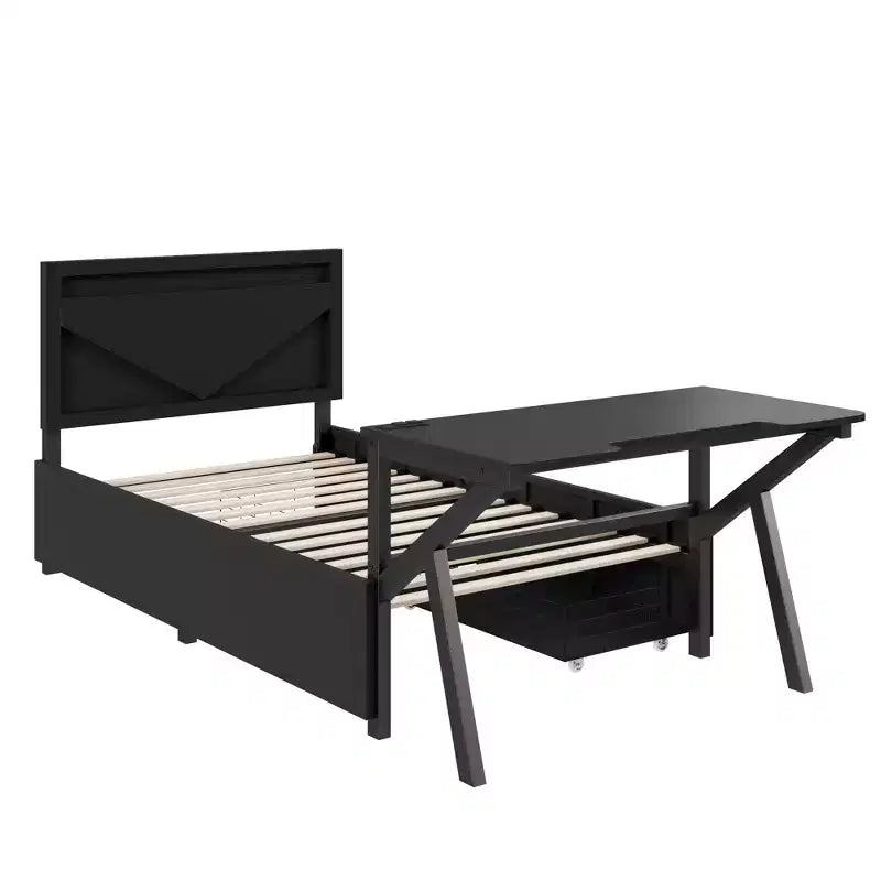 Lit de jeu double/complet avec bureau et tête de lit LED Lit de jeu en métal avec tiroirs de rangement pour enfants et adultes Noir