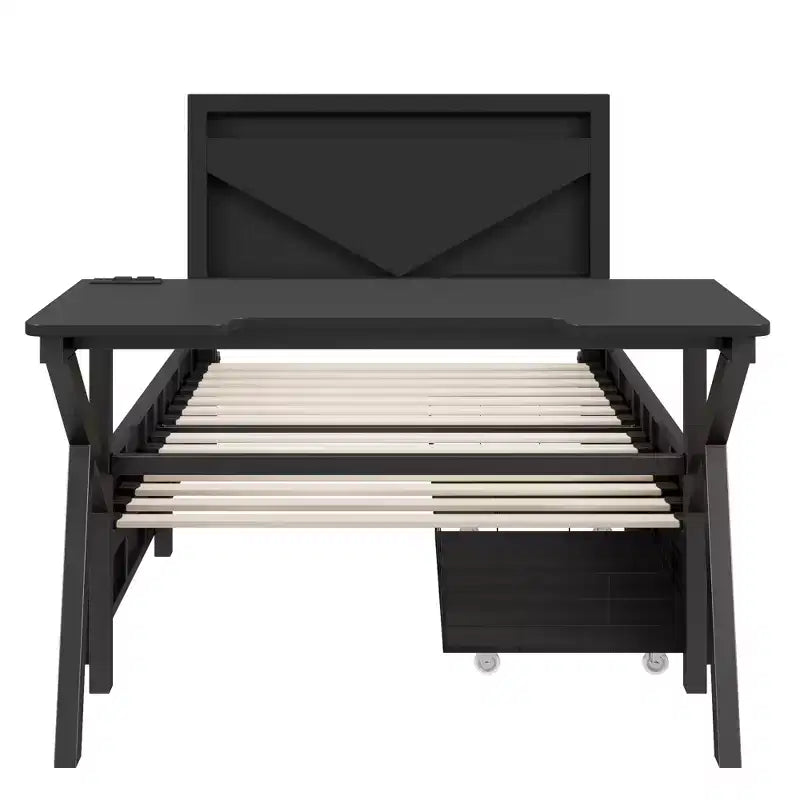 Lit de jeu double/complet avec bureau et tête de lit LED Lit de jeu en métal avec tiroirs de rangement pour enfants et adultes Noir